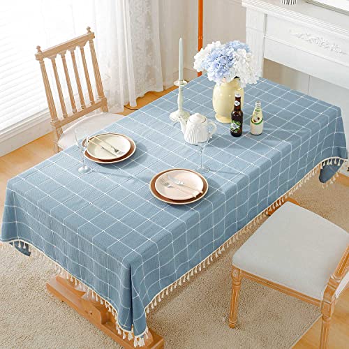 BESBESME Rustic Cotton Blend Plaided Table Cloth Boho Style Cream,Kitchen Dining Room Tablecloths for Square Tables, Washable Wrinkle Resistant,55 x 55 inches,Blue,4 Seats