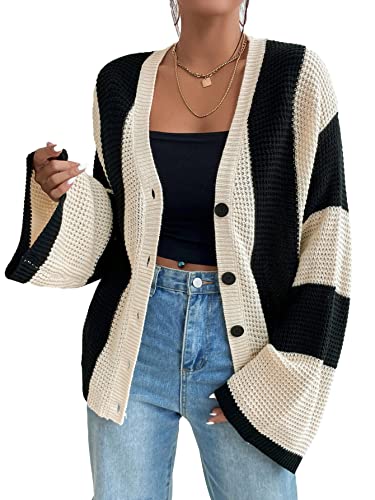 Verdusa Women's Colorblock Lightweight Cardigan Sweaters Button Down Bell Sleeve Knit Outerwear Spring Fall Clothes Black and Apricot Small