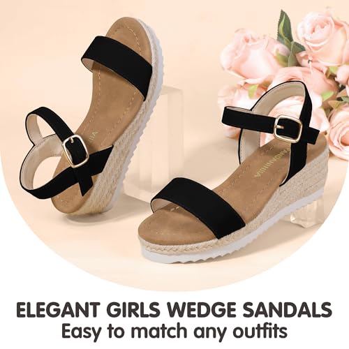 PANDANINJIA Girls Wedge Sandals Platform Espadrille Little Big Kid Girls Black Heels Open Toe Summer Dress Shoes Size 1