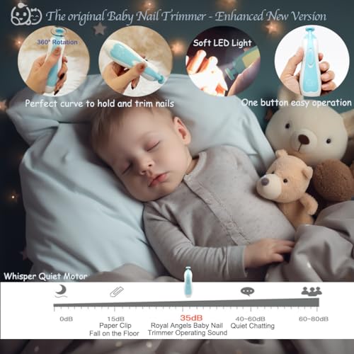 Royal Angels Baby Nail File, 21 in 1 Set with Labels, Electric Nail Kit, Extra 13 Replacement Tools, Baby Nail Trimmer, Baby Nail Care, Newborn Toddler Toes & Fingernails Clipper, Trim & Polish (Blue)