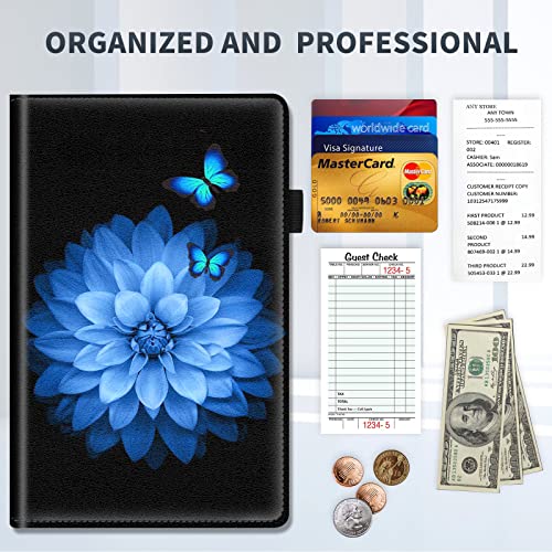 Server Books for Waitress,PU Leather Waiter Book Server Wallet with Zipper Pocket, Cute Waitress Book&Waitstaff Organizer with Money Pocket Fit Server Apron, Green Tree (Blue Flying Butterfly, Medium)