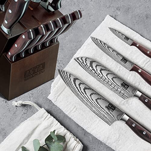 SHAN ZU Knife Set 16 pcs, Japanese Kitchen Knife Set with Block High Carbon Stainless Steel Ultra Sharp Knife Set for Kitchen, Professional Chef Knife Set with Sharpener