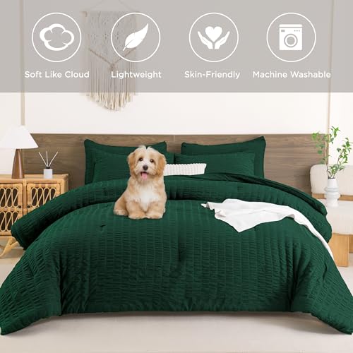 Andency Dark Green Comforter Set Queen (90x90 Inch), 3 Pieces Emerald Seersucker Comforter Set, Forest Hunter Green Microfiber Summer Lightweight Down Alternative Bedding Set