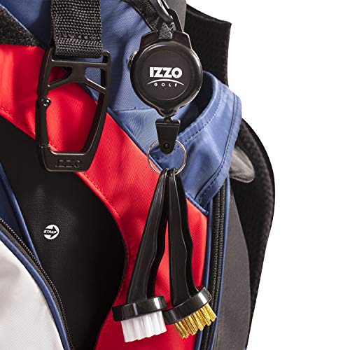 Izzo Golf Dual Golf Club Brushes - Includes a Brush for Golf Clubs & Brush to Clean Golf Club Grooves, with Golf Bag Zinger Black