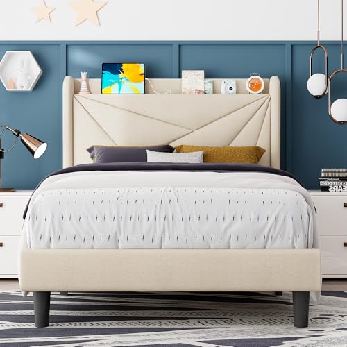 Feonase Twin Bed Frame, Upholstered Bed Frame with Charging Station, Wingback Storage Headboard, No Box Spring Needed, Noise-Free, Beige