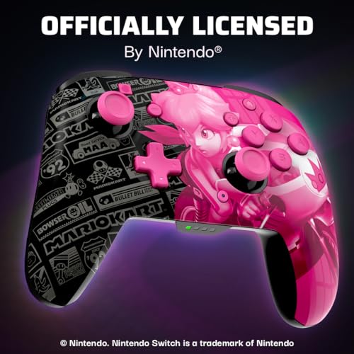 PDP REMATCH GLOW Enhanced Wireless Licensed Nintendo Switch Pro Controller, Rechargeable 40 hour battery power, Customizable Gaming Buttons, 30-foot Range: Mario Kart Grand Prix Princess Peach (Pink)