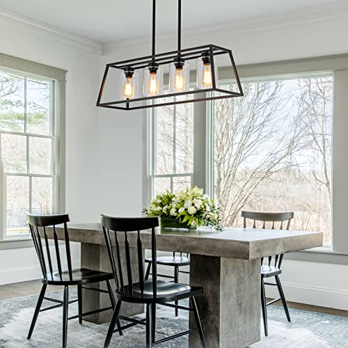 Black Farmhouse Chandeliers for Dining Room, Rustic Kitchen Island Light Fixture, 4-Light Linear Pendant Lights Kitchen Island with Glass Shade ,Apply to Dining Room Light fixtures Over Table