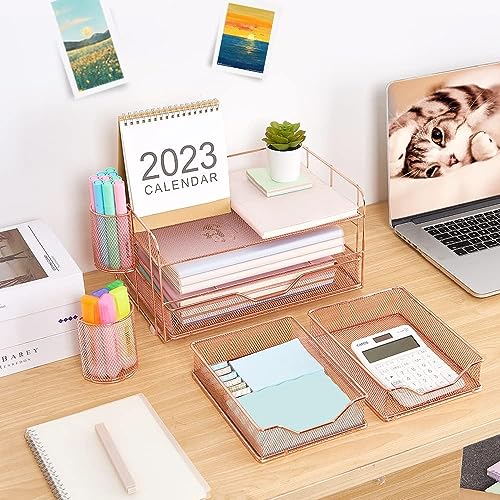 Youbetia Paper Tray Organizer with Mesh File Holder, 5 Tier Desk Accessories & Workspace Desk Organizers with Pen Holder, Office Desk Accessories Desktop Organization for Office Supplies (Black)