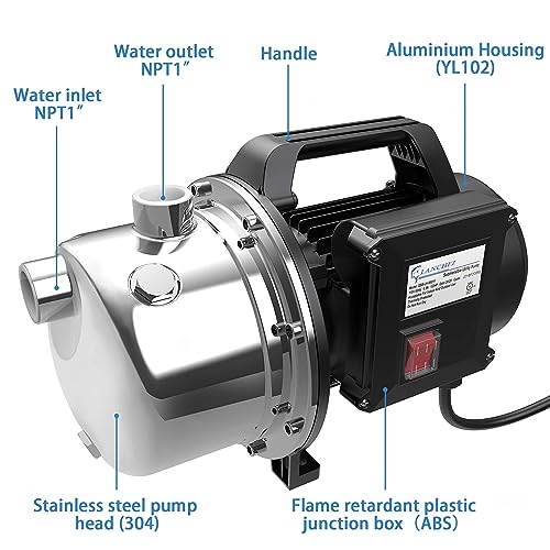 Lanchez 1 HP Shallow Well Pump,Garden Pump, Portable Stainless Steel Water Transfer Draining Irrigation Jet Pump for Water Removal, Lawn Fountain Pump 1294 GPH 147 Feet Height