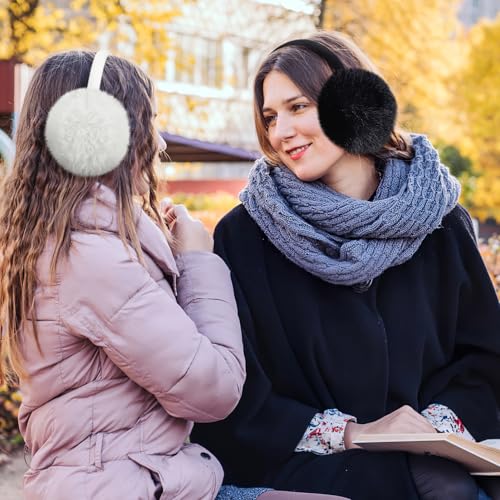 MADHOLLY 2 Pack Upgraded Adjustable Faux Fur Earmuffs- Soft Warm Ear Muffs for Winter Women Men- Ear Covers Ear Warmers for Most Adults (Black & White)