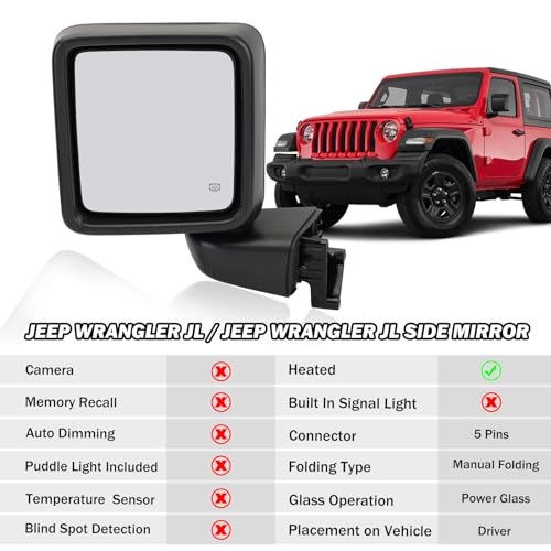 MOFOAP Driver Side Mirror for 2018-2023 Jeep Wrangler JL/2020 2021 2022 2023 Gladiator JT,Mirror Assembly with Heated,Manual Folding Without Turn Singal/Blind Spot,Replace 68281890AE 68281890AB