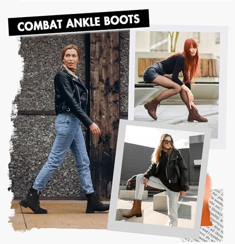 Vepose Women's Black Ankle Boots, Lace up Casual Combat Booties, Size 6 US - 927 Knitting Wool (CJY927 Black 06)