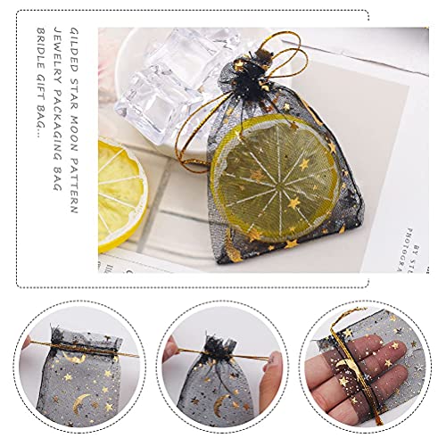 SUMAJU 100 Pieces Moon Star Organza Jewelry Candy Bags, 2.7x3.5 Inch Sheer Black Organza Pouch Small Gift Bags with Drawstring for Wedding Party Favors