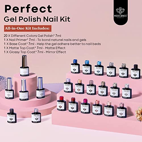 Modelones 20 Colors Gel Nail Polish Kit, Fall Pink Brown Nude Orange Gel Polish Set with Glitter, Glossy and Matte Top Base Coat Home DIY Manicure Nail Art Design Gifts