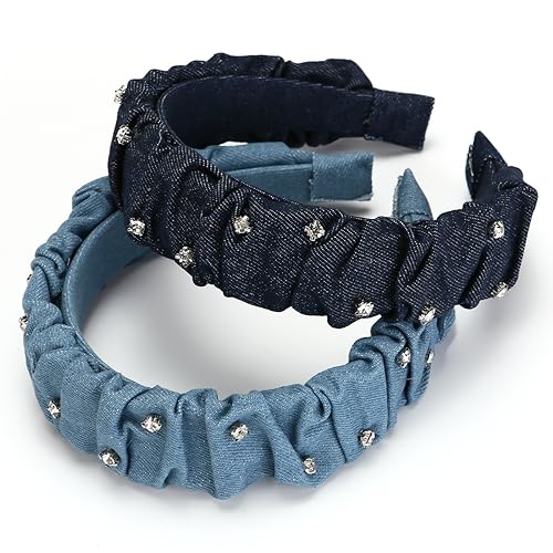 NARUNING Wide brim denim blue headband, women's fashion pleated style headband with rhinestone embellishment, suitable for all girls and women (Dark blue)