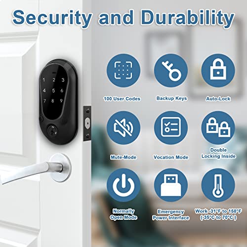 Zevaway Keyless Entry Door Lock, Keypad Deadbolt Lock, Smart Front Door Lock, Auto Lock, Easy Installation, Matte Black