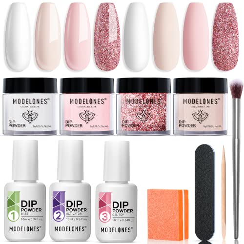 Modelones Dip Powder Nail Kit Starter, 4 Colors Nude Pink Bubble Bath Glitter Snow White Skin Nail Dip Powder Kit with Dip Powder Liquid Set Base Top Activator DIY Kit