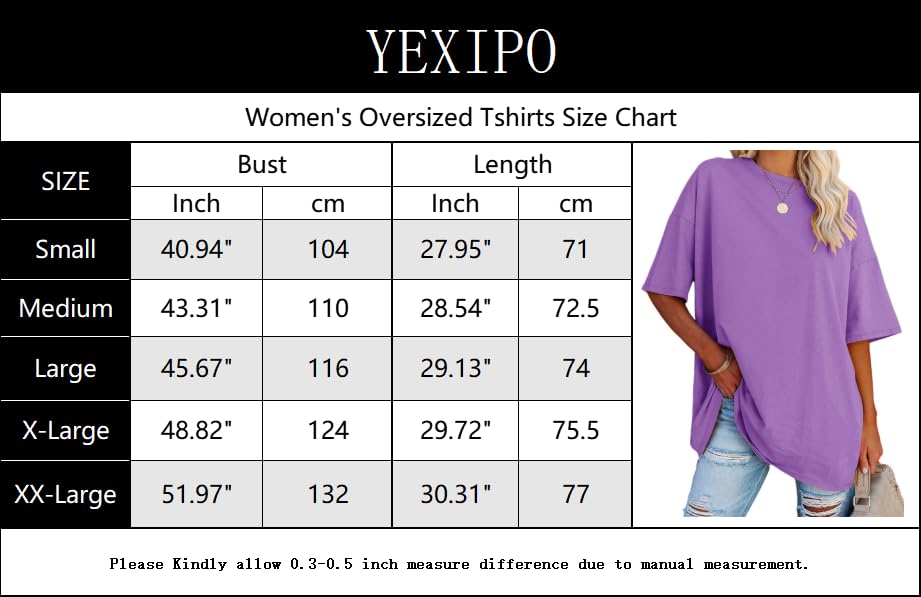 YEXIPO Women's Oversized T Shirts Summer Short Sleeve Loose Fit Casual Crewneck Plain Tunic Tops