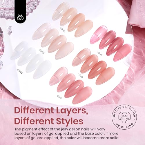 Beetles Jelly Gel Nail Polish Set 6 Colors Neutral Sheer Milky White Nude Pink Gel Polish Kit Translucent Soak off Uv Nail Gel Diy Manicure 2024 New Nail Trend Nail Polish Gift for Girls Women
