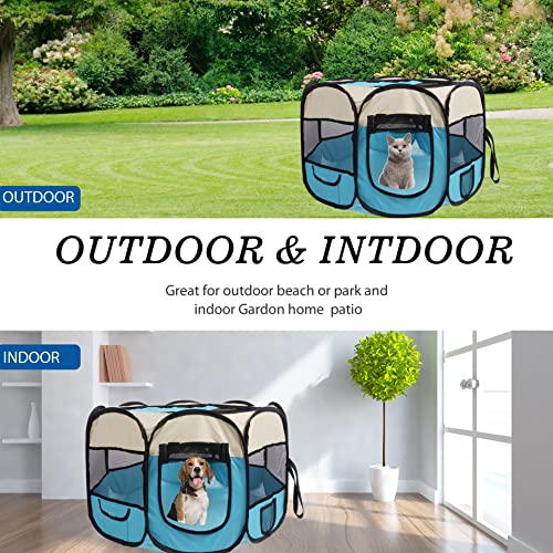 Pet Cat Playpen for Indoor Cats Enclosed,Portable Pet Dog Playpen,Puppy Small Dog Cat Tent Crates Cage,29x29x16,Blue/Beige,1Pack
