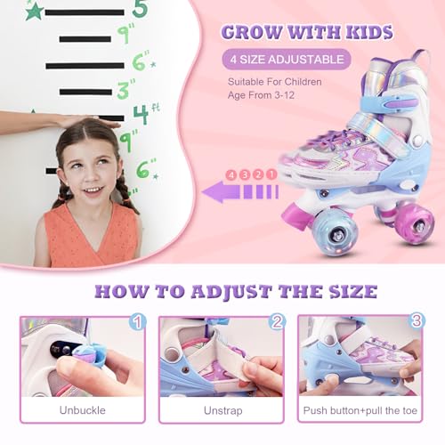Kids Roller Skates Girls Ages 3-12, Toddler Roller Skates for Boys, 4 Size Adjustable Roller Skates for Beginners