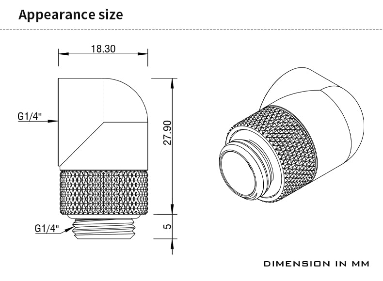 Barrow G1/4" Male to Female Extender Fitting, 90 Degree Rotary, Black