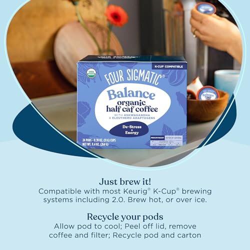 Four Sigmatic Adaptogen Coffee K-Cups | Organic Medium Roast Ground Coffee with Ashwagandha, Eleuthero, Chaga & Tulsi | Fair Trade | Immune Support & Stress Relief | Keto | 24 Count