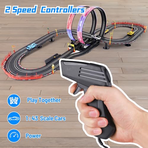 Slot Car Race Track Sets, 19ft Electric Track with LED Lights and 4 Slot Cars, 2 Hand Controller and Racing Game Lap Counters, Race Track Set Features a Loop, Turns, and a Crossover for Boys Age 6-12