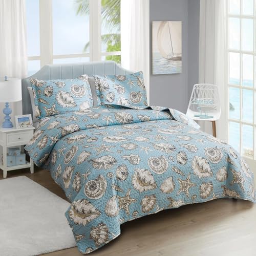 Junsey Beach Quilts Set Twin Size Ocean Theme Bedspreads,3 Pcs Seashell Conch Starfish Coverlet Set Lightweight Reversible Bedding with Pillow Shams,Blue