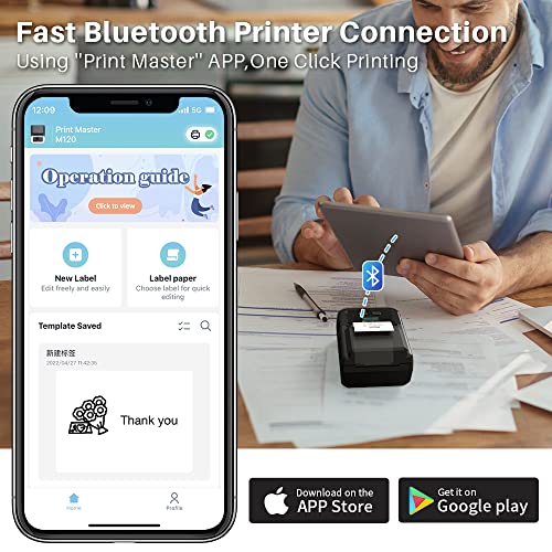 Phomemo M120 Label Maker- Barcode Printer Bluetooth Thermal Label Machine 2 Inch 50mm for Retail, QR Code, Small Business, Compatible with Android, iOS & PC, Black