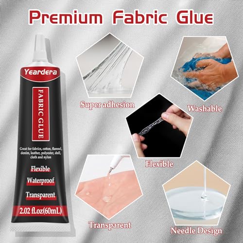 Yeardera Fabric Glue, Clear Fabric Glue for Clothing Permanent Washable, Fabric Fusion Glue for All Fabrics, Clothes, Leather, Cotton, Flannel, Denim, Polyester, Doll Repair (Fabric Glue 2 Pack)