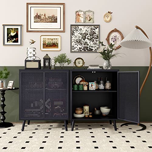 JZXSHD Buffet Cabinet, Metal Rattan Sideboard Kitchen Storage Cabinet Accent Modern Buffet Sideboard 2 Doors for Kitchen Room Living Room Hallway, Black