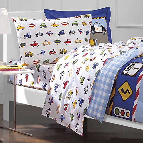 dream FACTORY Trucks Tractors Cars Boys 5-Piece Bedding Comforter Sheet Set, Twin Blue Red Multi