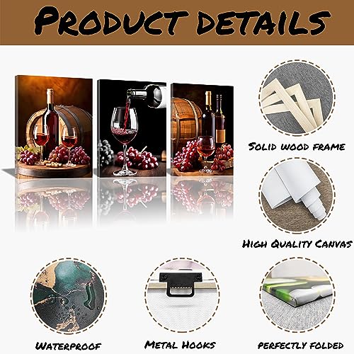 QIXIANG Kitchen Canvas Wall Art 3 PCS Romantic Blue Wine Grape Rose Flowers Eiffel Tower Pictures Prints for Restaurant Bar Decor Framed (Blue, 11.00" x 14.00" x3Pcs)