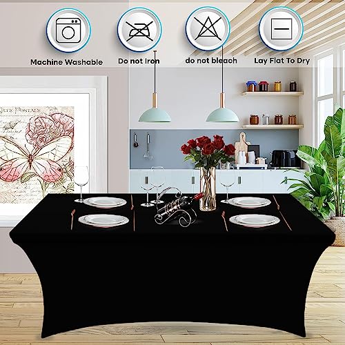Heochy 1 Pc 6FT Table Cloth for Rectangle Table - Black Tablecloth Rectangular Fitted Stretch Spandex Table Covers 6 ft for Birthday, Cocktail, Wedding, Banquet Fall Outdoor Party