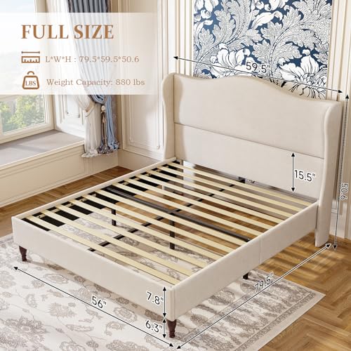 koorlian Full Size Bed Frame Upholstered Platform Bed with 51" Tall Headboard Wingback, Soft Fabric, Retro Simple Style Platform Bed No Box Spring Needed, Easy Assembly, Beige
