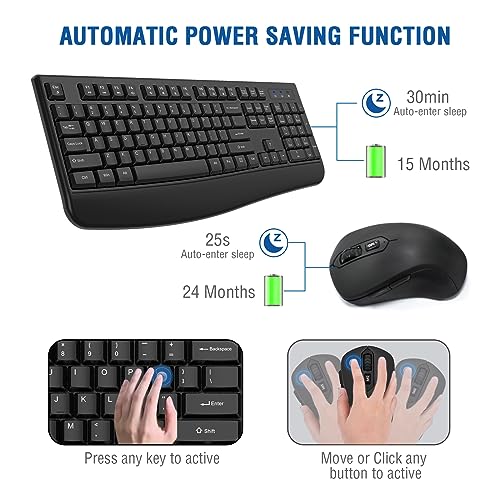 Wireless Keyboard and Mouse Combo, EDJO 2.4G Full-Sized Ergonomic Computer Keyboard with Wrist Rest and 3 Level DPI Adjustable Wireless Mouse for Windows, Mac OS Desktop/Laptop/PC(2 Pack)