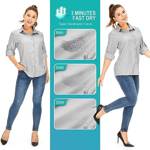Women's Long Sleeve Safari clothes UPF 50+ Hiking Fishing shirts,Sun Protection Quick Dry Light Cooling Shirts(5019 White XS)