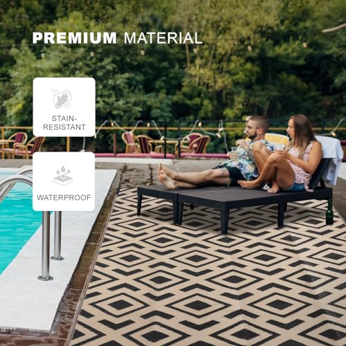 wikiwiki Outdoor Rug, 5x8ft Waterproof Reversible Mat Indoor Outdoor Rugs Carpet, Small Area Rug Plastic Straw Rug for Patio Deck Balcony Pool RV Camping Beach Picnic, Black & Beige