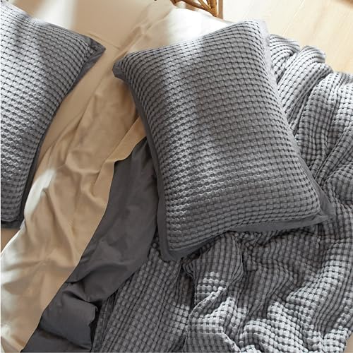 Bedsure Cooling Waffle Duvet Cover Queen - Cotton Blend Rayon Derived from Bamboo Duvet Cover Ser for Hot Sleepers, Breathable Bedding Set with a Vintage Charm, 3 Pieces (Charcoal, Queen, 90"x90")