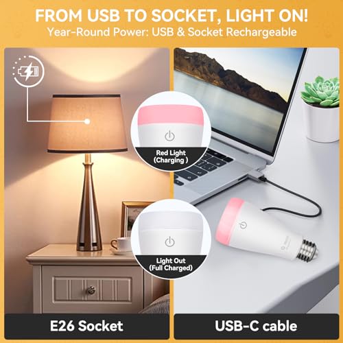 Neporal MAGICPRO Smart Rechargeable Light Bulbs with Remote, USB+Socket Rechargeable Battery Operated Light Bulb for Lamp and Sconces, 2 Hrs Fast Charging Last 5-52 Hrs, 9+3 Colors (MagicPro RGB, 2)