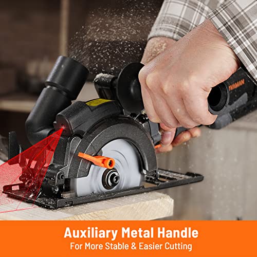 DOVAMAN Circular Saw, 5.8A 4-1/2" Compact Circular Saw w/Contractor Bag, Laser Guide, Metal Auxiliary Handle, Multi-Material Cuts w/ 6 Saw Blades, Tool-Free Adjustment of Angle & Depth (Max 1-11/16")