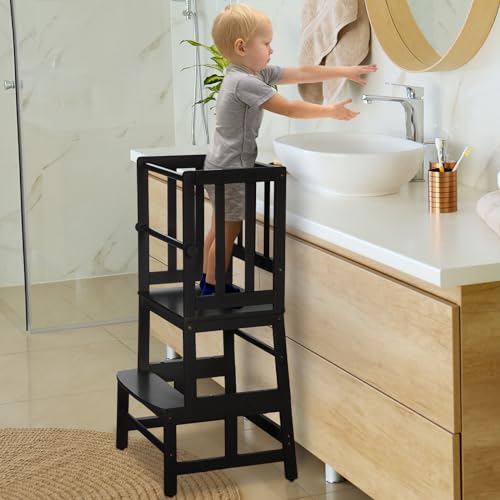 COSYLAND Kids Kitchen Step Stool Helper Baby and Toddler Multi-Function Step up Nursery Helper Stand with Safety Rail in Natural Bamboo, Strong and Lightweight (Black)