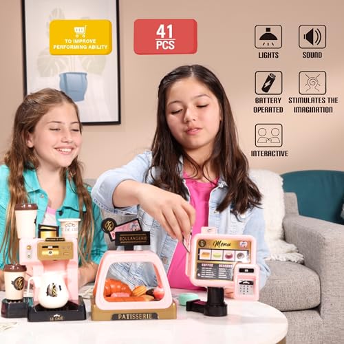 Miraculous Ladybug Cafe Play Set, Pretend Role Play Coffee Machine, Interactive Cash Register with Sound and Light - Toys for Kids with Kitchen Accessories, Bakery, Bills, and Coins