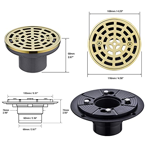 4 1/4 Inch Round Shower Floor Drain Grate with 2 Inch Threaded Adaptor and Drain Base Flange, Brushed Gold
