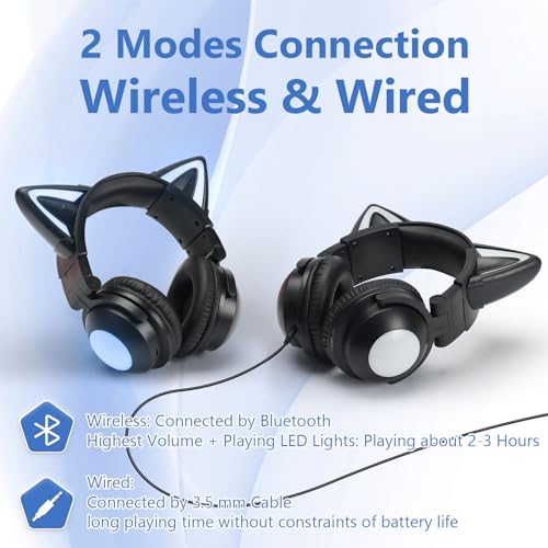 YIK TUNG Cute Cat Ear Bluetooth Headphones with Built-in Mic, Over Ear Wired Headphones with LED Lights, Foldable Wireless Headset with Cat Ear for Traveling, Gift for Boys Girls Teens Adult (Black)