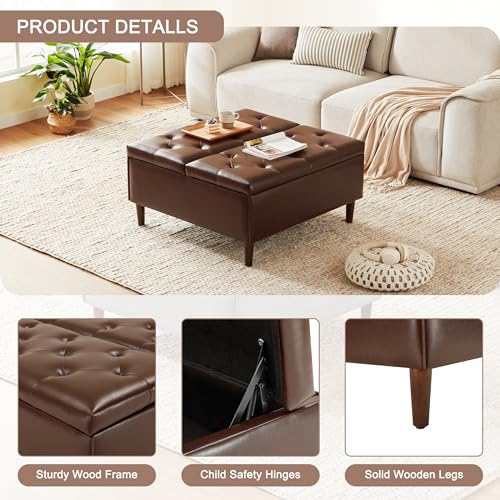 Weture 35 Inch Extra Large Storage Ottoman Coffee Table with Lift Top, Oversized Square Ottoman with Storage, Tufted Upholstered Ottoman Coffee Tables for Living Room (Fabric, Beige)