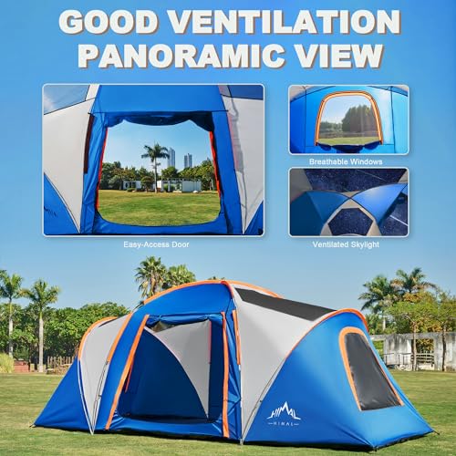 UNIHIMAL Tents for Camping, Waterproof 10 Person Family Tent with Double Layer & 4 Large Mesh Windows, Weather Resistant Easy Setup 2 Room Big Tent for Music Festival, Parties, 18 X 9 X 6.8Ft(Blue)
