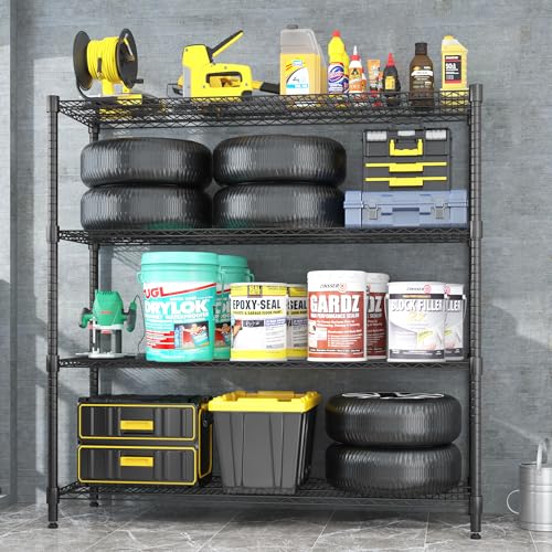 Homdox 60”W Storage Shelves, 4 Tier Heavy Duty Wire Shelving Unit with Wheels, 2400LBS Commercial Adjustable Metal Shelves for Storage, Garage Rack Pantry Shelves Kitchen Shelving, 24"x60"x72", Black