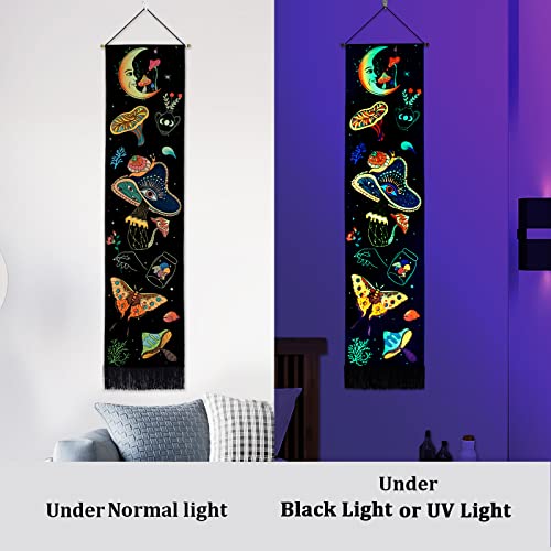 Racunbula Mushroom Tapestry Blacklight Sun Moon Tapestry Vertical Floral Butterfly Tapestry Galaxy Stars Tapestry Hippie Abstract Tapestry Wall Hanging for Bedroom (Moon)